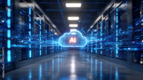 AI cloud icon glowing futuristic data center corridor, blue light streams and server racks conveying advanced cloud computing and artificial