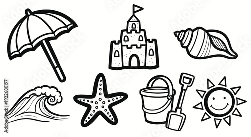 Summer Beach Vacation Doodle Icons Set in Black and White Line Art. Collection of Holiday Elements: Umbrella, Sandcastle, Shell, Wave, Starfish, Bucket, Shovel, Sun.