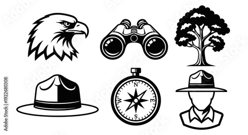 Outdoor Nature Adventure and Scouting Glyph Icons Set with Eagle, Binoculars, Tree, Ranger Hat, Compass. Black and White Line Art Vector Collection