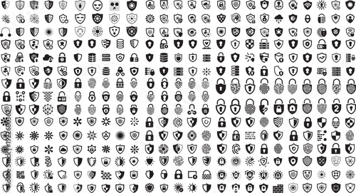 Collection of various security and protection icons in different styles and designs on white background