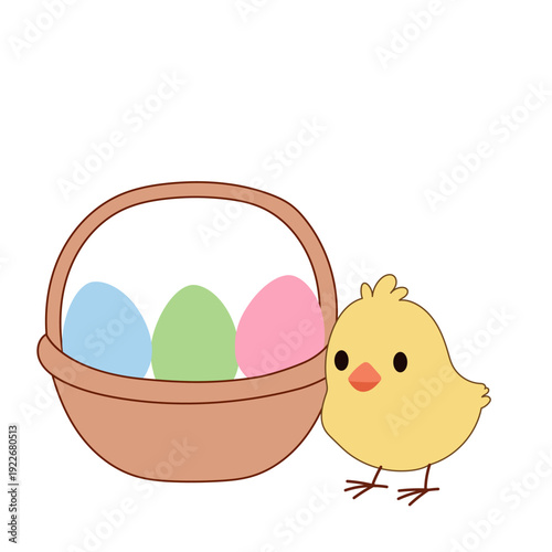 Cute Chick and Egg Icon. Lovely Easter Holiday Mascot. Cartoon Chicken Character Isolated on Background. Funny Childish Drawn Bird Portrait for Ester Egg Hunt Family Party Greeting Card Decoration Art