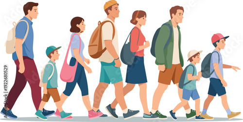 Diverse group of people walking with backpacks, family travel and students hiking together, flat vector illustration isolated on white, outdoor.