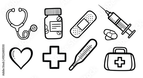 Medical Healthcare Line Art Icons Set. Hand-drawn Black and White Doodle Collection featuring Stethoscope, Pills, Syringe, Thermometer, Bandage, and First Aid Kit.