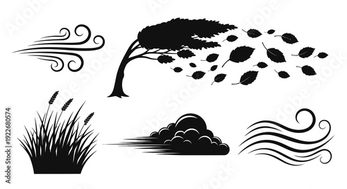 Nature and Weather Wind Elements Black and White Silhouette Icons Set: Tree, Leaves, Grass, Cloud, and Swirls Representing Breeze and Storm