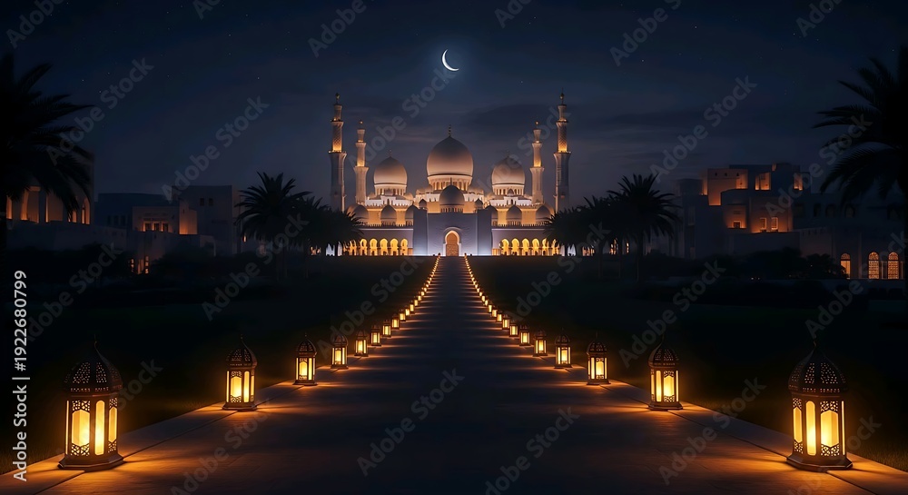 Fototapeta premium Majestic mosque illuminated by lantern pathway under crescent moon night sky. Religion concept