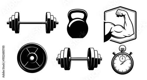 Black  White Line Art Vector Icons Set: Fitness Industry Gym Equipment, Workout Symbols, Barbell, Dumbbell, Kettlebell, Bicep, Stopwatch