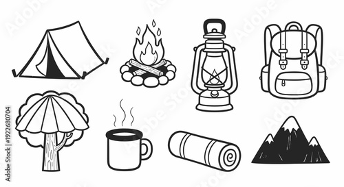 Outdoor Camping and Adventure Equipment Black  White Line Art Set. Hand-drawn Doodle Collection of Hiking Gear, Tent, Campfire, and Mountains.