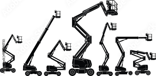 Aerial Work Platform and Boom Lift Silhouette Collection Featuring Construction Elevation Equipment, Hydraulic Lifts and Industrial Maintenance Machinery Concepts