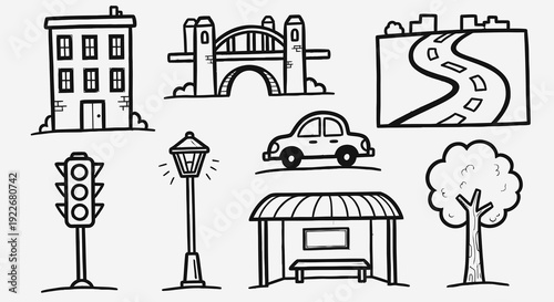 Hand-Drawn Black and White Line Art Urban City and Transportation Elements Icon Set