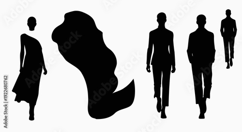 Fashion Industry Vector Illustration of Elegant Male and Female Model Silhouettes with Dynamic Flowing Black and White Fabric Design