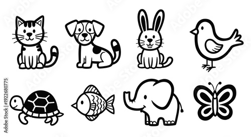 Cute Cartoon Animals Black and White Line Art Icon Set for Kids. Collection of Pet, Farm, and Wildlife Characters: Cat, Dog, Rabbit, Bird, Turtle, Fish, Elephant, Butterfly.