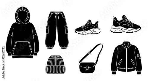 Streetwear Fashion Clothing and Accessories Black  White Line Art Set. Urban Style Apparel Collection Icons.