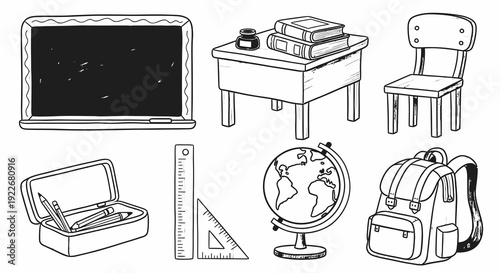 Black and White Hand-Drawn School Supplies and Classroom Elements Line Art Collection. Education Doodle Set with Backpack, Globe, Chalkboard, Desk, Chair, and Stationery.