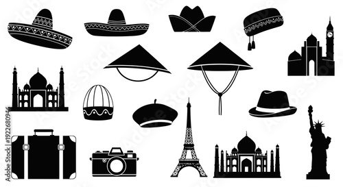 Travel Tourism World Culture Black  White Silhouette Glyph Icons. Global Landmarks, Traditional Hats, Suitcase, and Camera for International Journey.