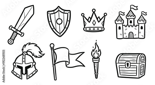 Medieval Fantasy Line Art Icons Set. Hand-drawn Black and White Graphics of Castle, Sword, Shield, Crown, Helmet, Torch, Flag, Treasure Chest Elements.