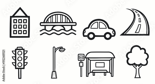 Black and White Line Art City and Urban Elements Icons Set. Simple Outline Symbols for Transportation, Infrastructure, Street Navigation, and Public Services.