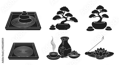 Zen Spa Wellness Icons Set - Black  White Glyph Vector Art of Bonsai, Meditation Stones, Incense, and Lotus for Relaxation and Serenity