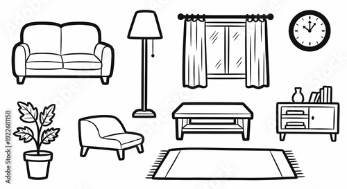 Home Interior Furniture and Decor Line Art Collection. Black and White Outline Illustrations of Household Objects: Sofa, Lamp, Window, Clock, Plant, Table, Rug, Armchair, Cabinet.
