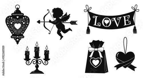 Black and White Glyph Set of Valentine's Day Love and Romance Symbols and Decorations