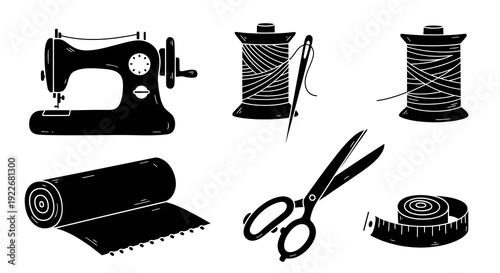 Sewing and Tailoring Industry Tools Glyph Icon Set. Black and White Silhouette Illustrations of Fabric, Sewing Machine, Thread, Needle, Scissors, and Measuring Tape.