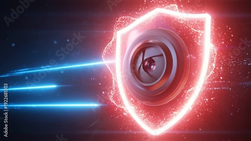 Dynamic futuristic visual featuring a glowing shield and camera lens surrounded by vibrant sparks and light beams
