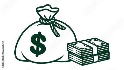 Money bag vector illustration with dollar sign and stack of cash