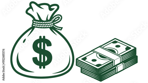 Money bag vector illustration with dollar sign and stack of cash