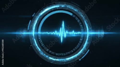 Futuristic sound wave visualization with blue neon effects on a dark background, conveying technology and rhythm