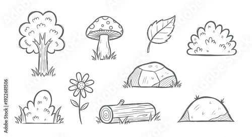 Black  White Line Art Nature Elements Set. Hand-drawn Outdoor Icons in Doodle Style: Tree, Mushroom, Leaf, Bush, Flower, Rock, Log, Mound.