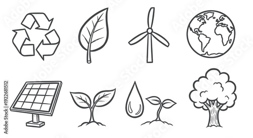 Ecology Environment Icons Set. Hand-drawn Black  White Line Art Symbols for Sustainability, Renewable Energy, and Nature Doodle Concepts.