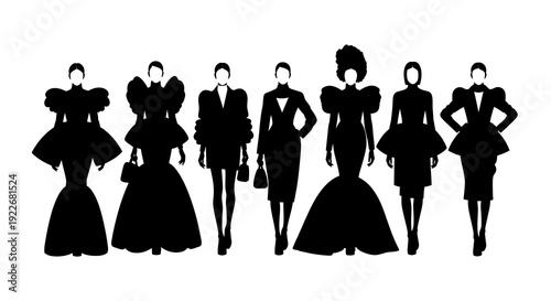 Fashion Women Silhouettes Vector Illustration. Elegant female models showcasing diverse stylish outfits and dresses in a sophisticated black and white minimalist art style.