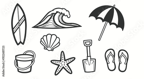 Black and White Line Art Beach and Summer Vacation Icons Set. Outline Symbols of Surfboard, Wave, Umbrella, Seashell, Sand Bucket, Starfish, Shovel, Flip-flops.