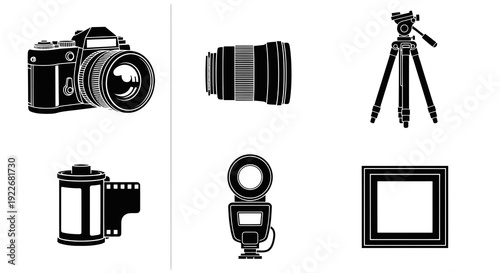 Photography Equipment Glyph Icons Set. Black and White Flat Silhouette Vector Collection of Camera, Lens, Tripod, Film, Flash, and Picture Frame for Photo Studio.