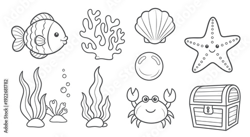 Marine Life Black and White Line Art Set for Coloring Pages - Cute Ocean Animals, Underwater Creatures, and Sea Elements Outline Collection
