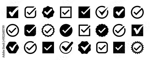 Check mark, tick icon set, approved symbol isolated, approval checklist interface button, check box sign set, confirm