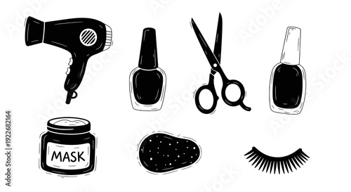 Black and White Hand Drawn Beauty Salon and Personal Care Tools Vector Set. Doodle Icons of Hairdryer, Nail Polish, Scissors, Face Mask, Eye Patches, and Eyelashes.