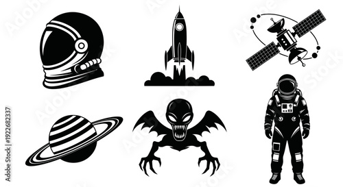 Space and Sci-Fi Glyph Vector Icons Set. Black  White Astronaut, Rocket, Satellite, Saturn, Alien Monster Silhouettes for Exploration Designs.