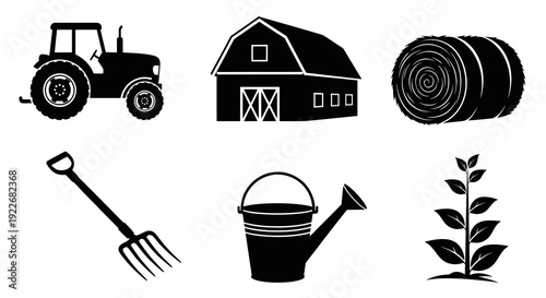 Agriculture and Farming Icon Set. Black and White Silhouette Vector Elements: Tractor, Barn, Hay Bale, Pitchfork, Watering Can, and Plant for Rural Life