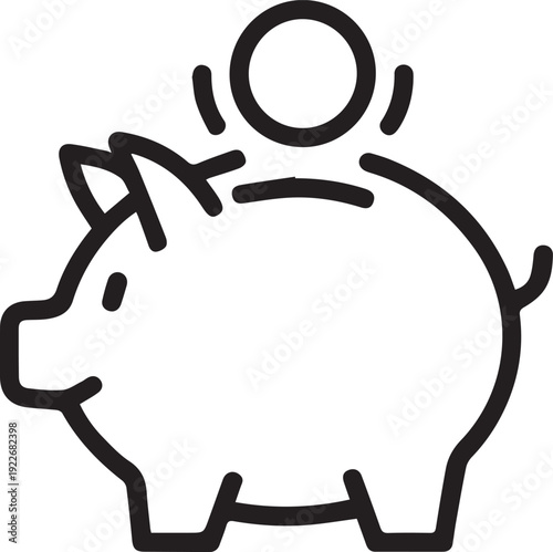 A simple black outline icon depicts a coin dropping into a piggy bank for savings.
