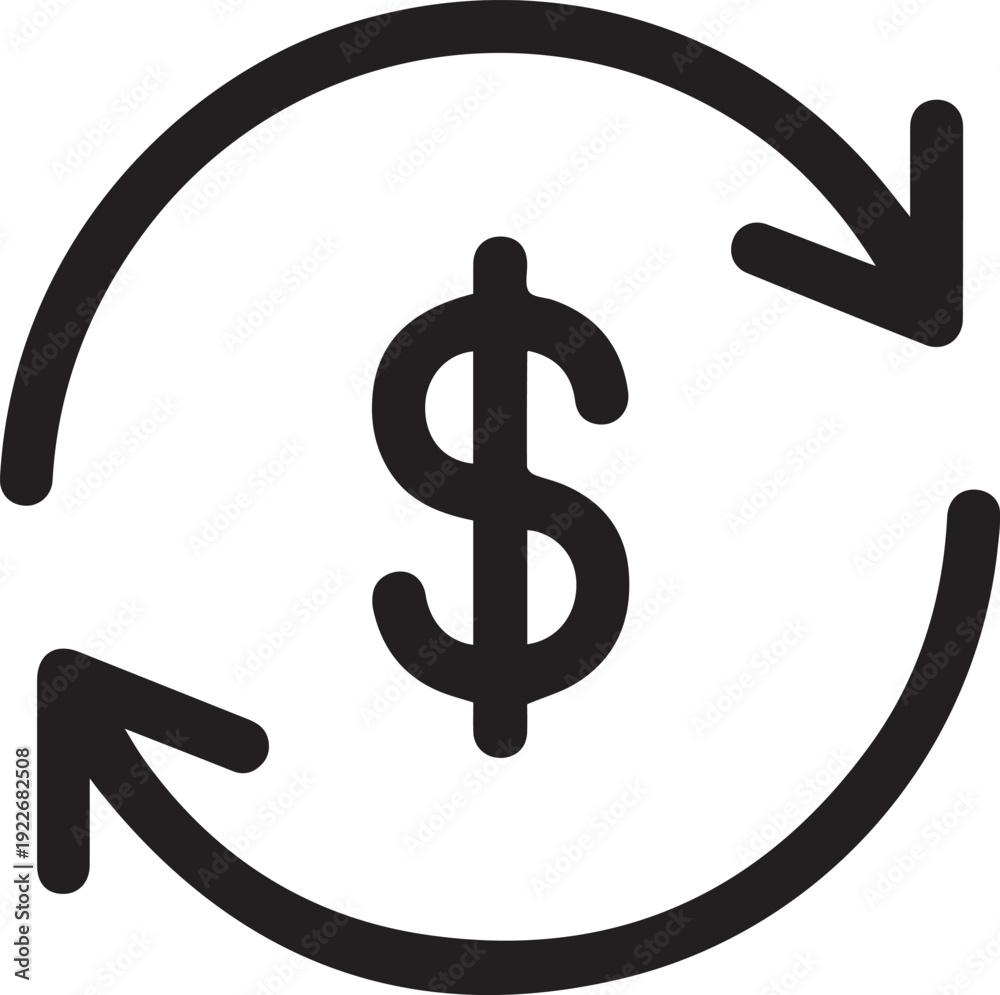 Obraz premium A simple black line icon depicts the concept of currency exchange or financial recycling surrounding a prominent dollar sign.