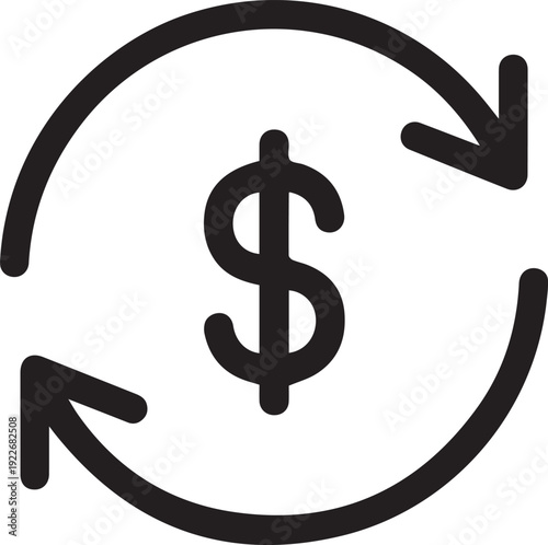 A simple black line icon depicts the concept of currency exchange or financial recycling surrounding a prominent dollar sign.