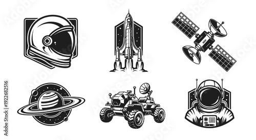 Vintage Monochrome Line Art Space Exploration Elements Set. Astronaut, Rocket, Satellite, Planet, Rover, and Helmet Icons for Astronomy and Science Projects.