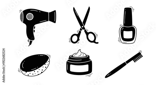 Hand-drawn Doodle Black and White Glyph Beauty and Personal Care Icons Set. Hairdressing, Skincare, Hygiene Symbols: Hairdryer, Scissors, Nail Polish, Toothbrush.