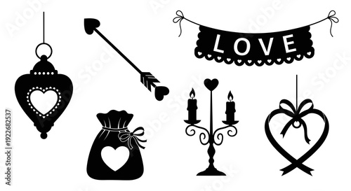 Valentine's Day Love Romance Holiday Black and White Silhouette Vector Icons Set. Decorative Lantern, Arrow, Banner, Gift Bag, Candelabra, and Heart Symbols.