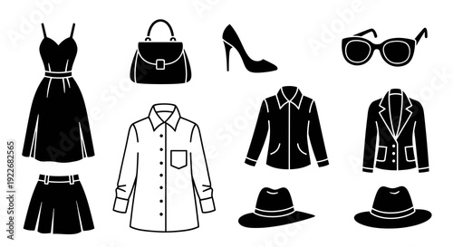 Women's Fashion Apparel and Accessories Black  White Glyph Silhouette and Line Art Icons Set. Includes dress, handbag, high heels, sunglasses, blouse, jacket, skirt, hats.