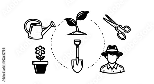 Black and White Line Art Gardening and Horticulture Icons Set: Essential Tools, Plant Elements  Gardener Glyph for Planting, Growth  Outdoor Niche.