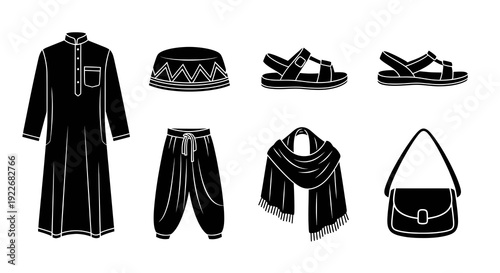 Islamic Fashion and Traditional Middle Eastern Clothing Glyphs. Black and White Icon Set of Thobe, Kufi, Harem Pants, Sandals, Scarf, and Handbag.