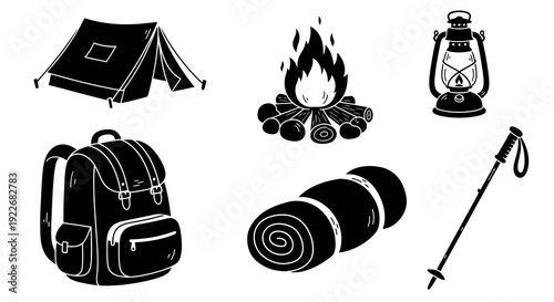 Black  White Line Art Icon Set of Camping and Outdoor Adventure Gear. Essential equipment including tent, campfire, lantern, backpack, sleeping bag, and trekking pole.