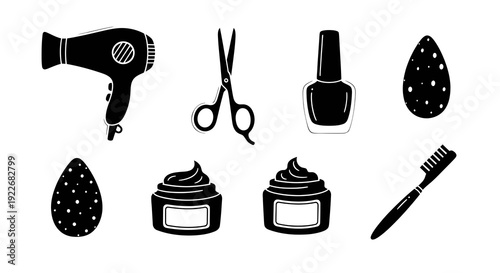 Beauty and Personal Care Glyph Icons Set. Hand-drawn Black and White Vector Collection of Cosmetics, Hair, Makeup, and Skincare Tools.