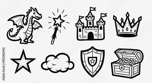 Hand-Drawn Black and White Fantasy Doodles Set: Dragon, Castle, Crown, Magic Wand, Treasure Chest, Shield, Star, Cloud Icons.